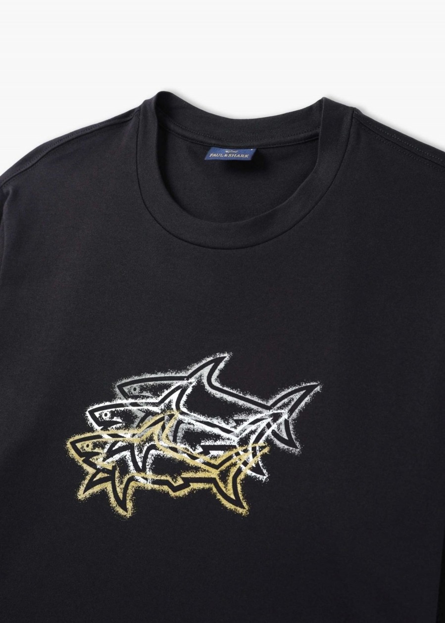 Mens PAUL & SHARK T-Shirts | Mens Cotton Jersey Sharks Print T-Shirts In Black