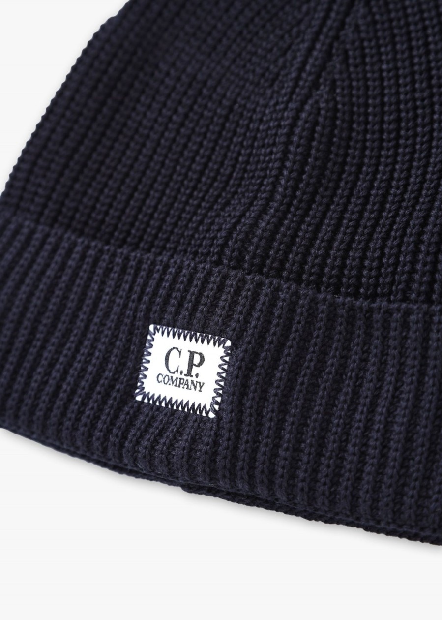 Mens C.P. COMPANY Hats | Mens Cotton Logo Beanie Hat In Total Eclypse