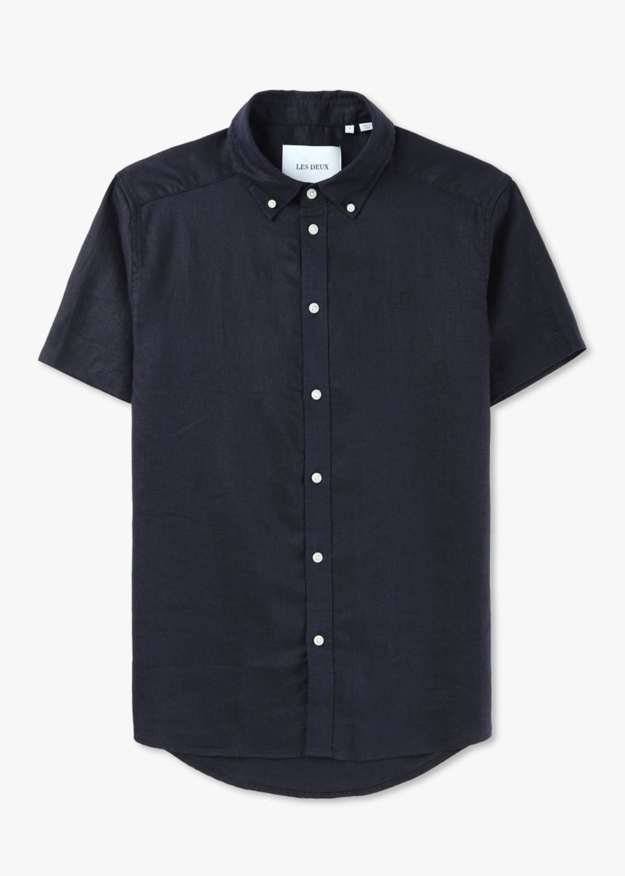 Mens LES DEUX Shirts | Mens Kris Linen Short Sleeve Shirt In Dark Navy