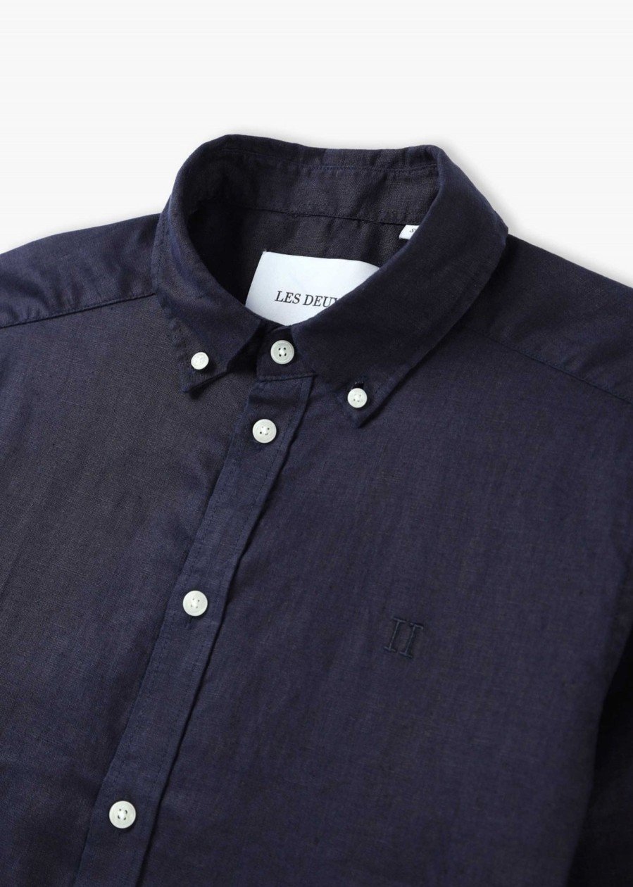 Mens LES DEUX Shirts | Mens Kris Linen Short Sleeve Shirt In Dark Navy