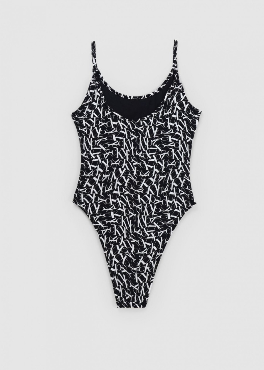 Womens CALVIN KLEIN Swimwear | Ck Warped Monogram Print Scoop Neck Swimsuit