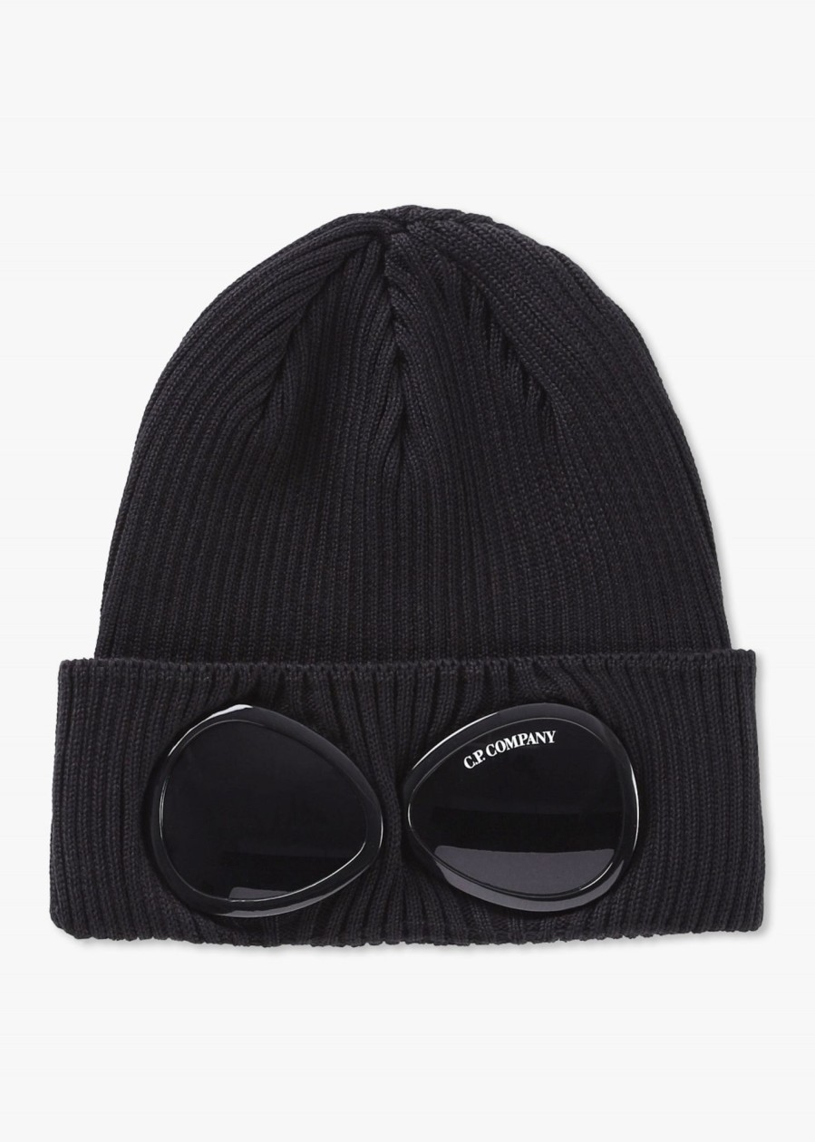 Mens C.P. COMPANY Hats | Mens Cotton Goggle Beanie Hat In Black