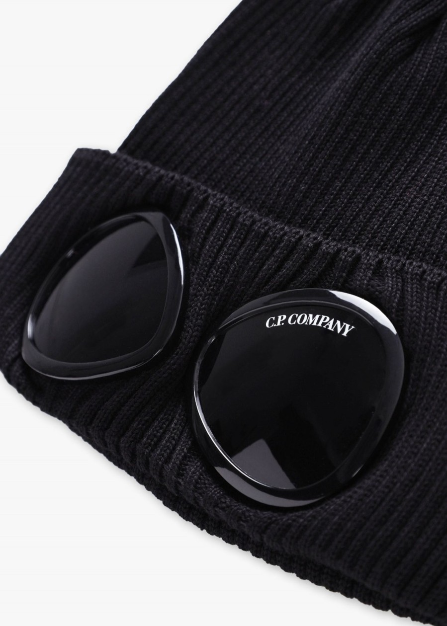 Mens C.P. COMPANY Hats | Mens Cotton Goggle Beanie Hat In Black