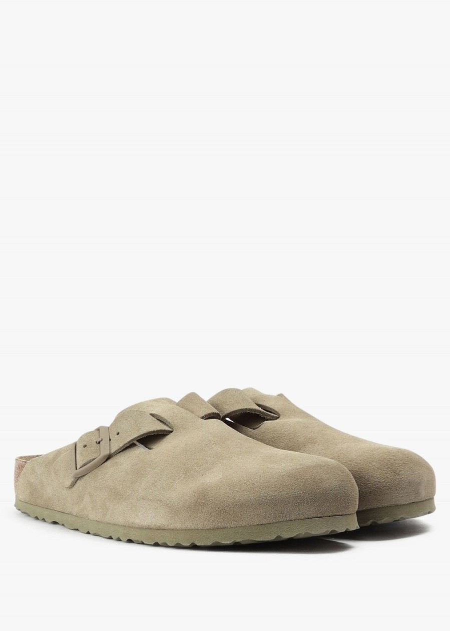 Mens BIRKENSTOCK Slides | Mens Boston Suede Leather Mules In Faded Khaki