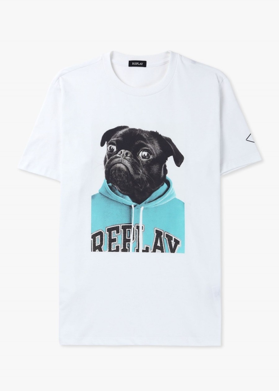 Mens REPLAY T-Shirts | Mens Classic Pug Print T-Shirt In White