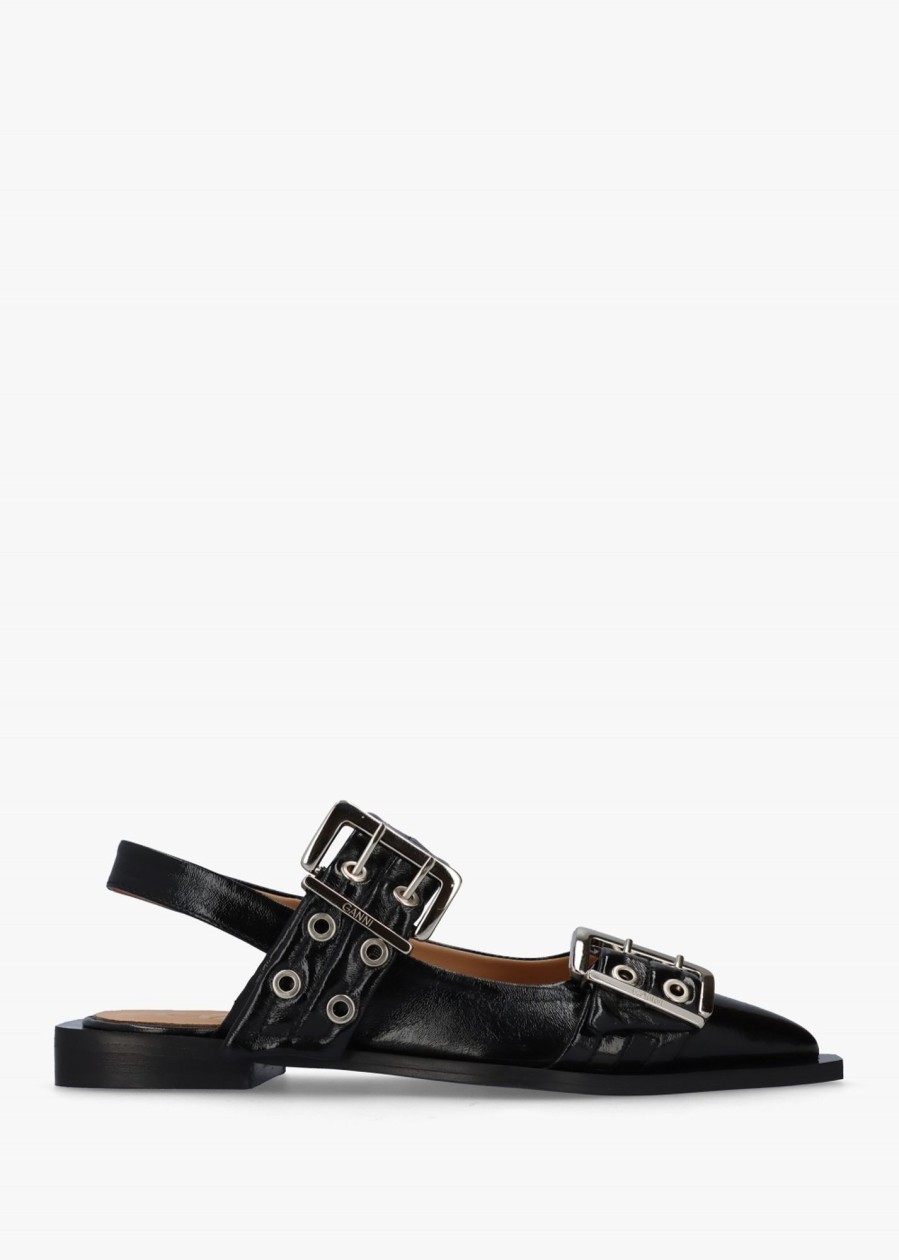 Womens GANNI Flats | Womens Feminine Buckle Ballerina Flats In Patent Black