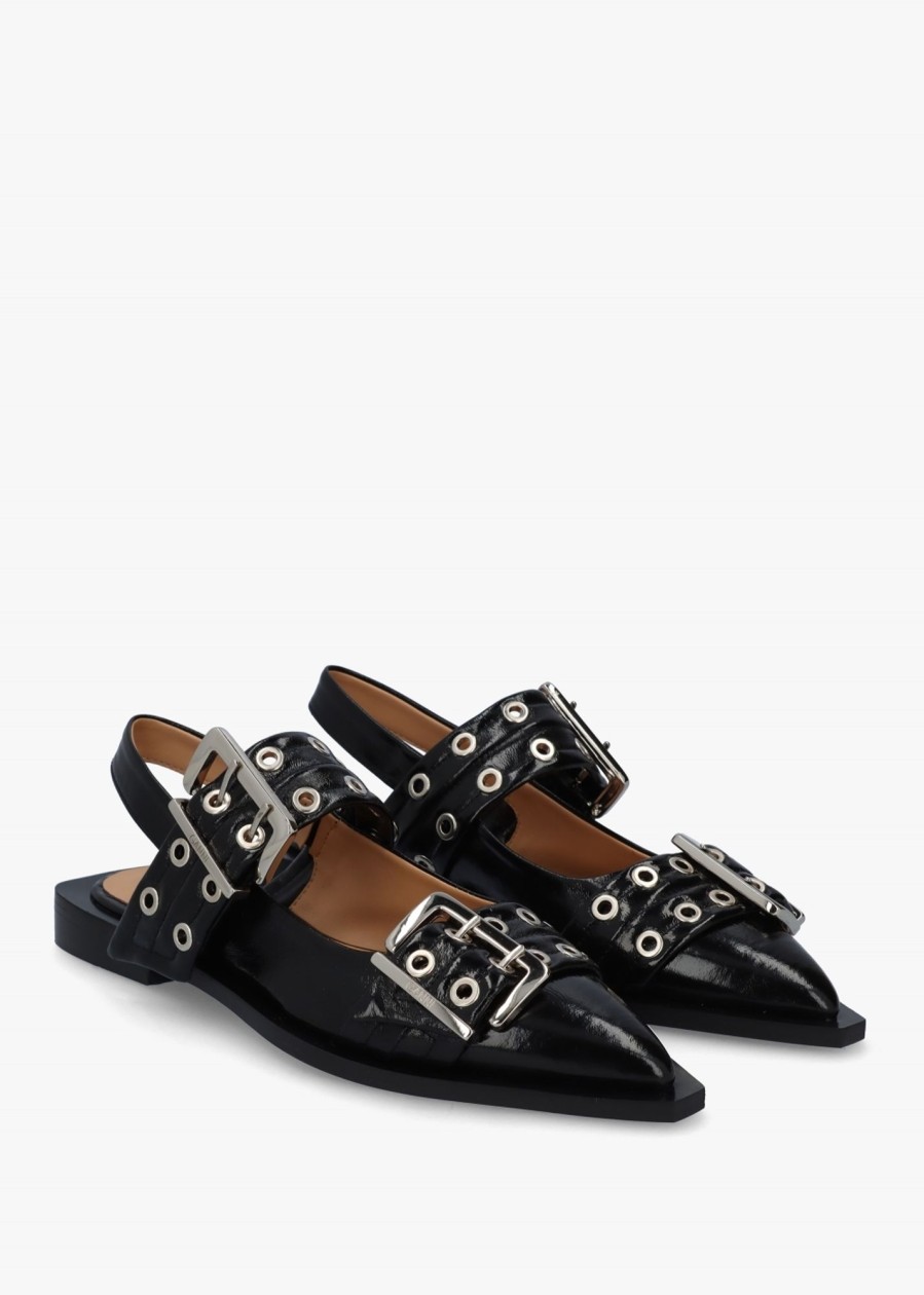 Womens GANNI Flats | Womens Feminine Buckle Ballerina Flats In Patent Black