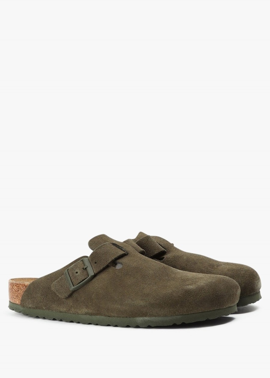 Mens BIRKENSTOCK Slides | Mens Boston Suede Leather Mules In Thyme