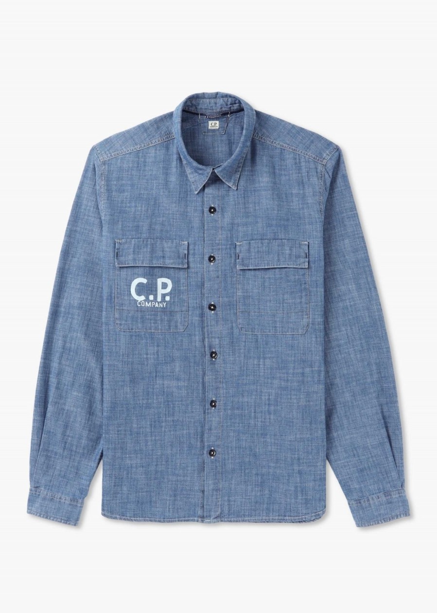 Mens C.P. COMPANY Shirts | Mens Chambray Long Sleeved Logo Shirt In Stone Bleach