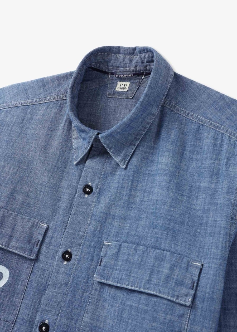 Mens C.P. COMPANY Shirts | Mens Chambray Long Sleeved Logo Shirt In Stone Bleach