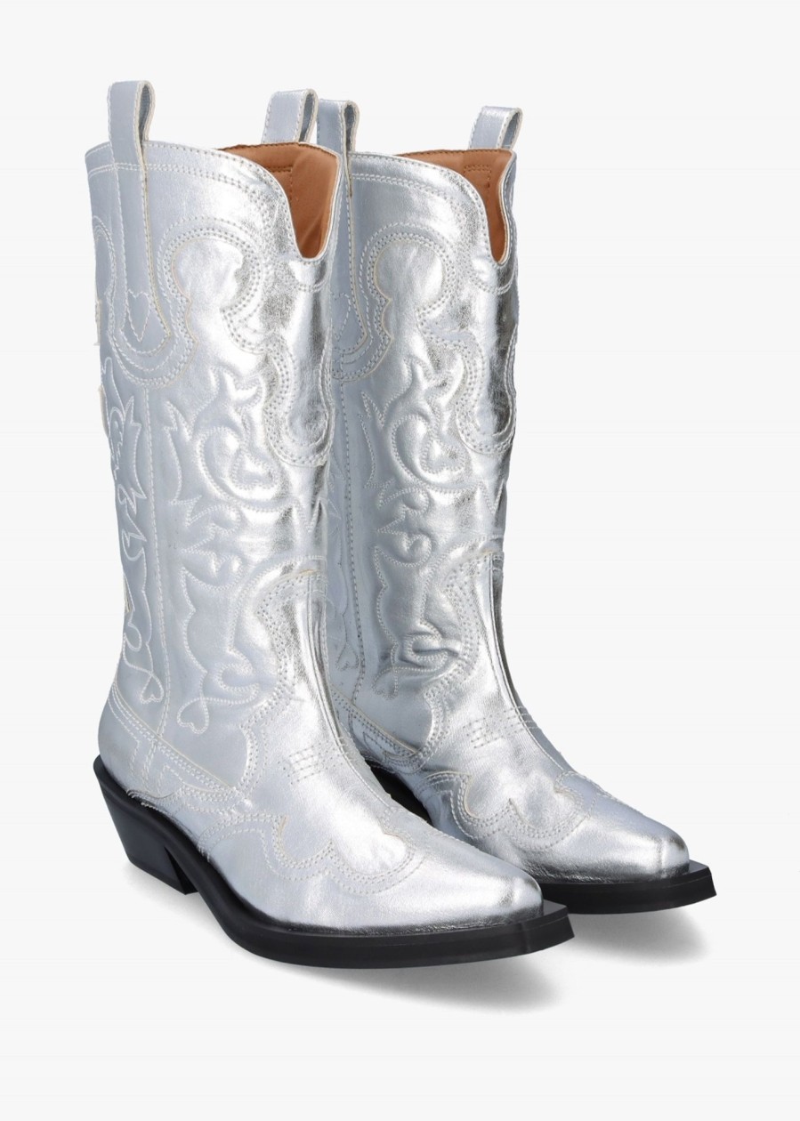 Womens GANNI Boots | Womens Mid Shaft Embroidered Western Boots In Silver