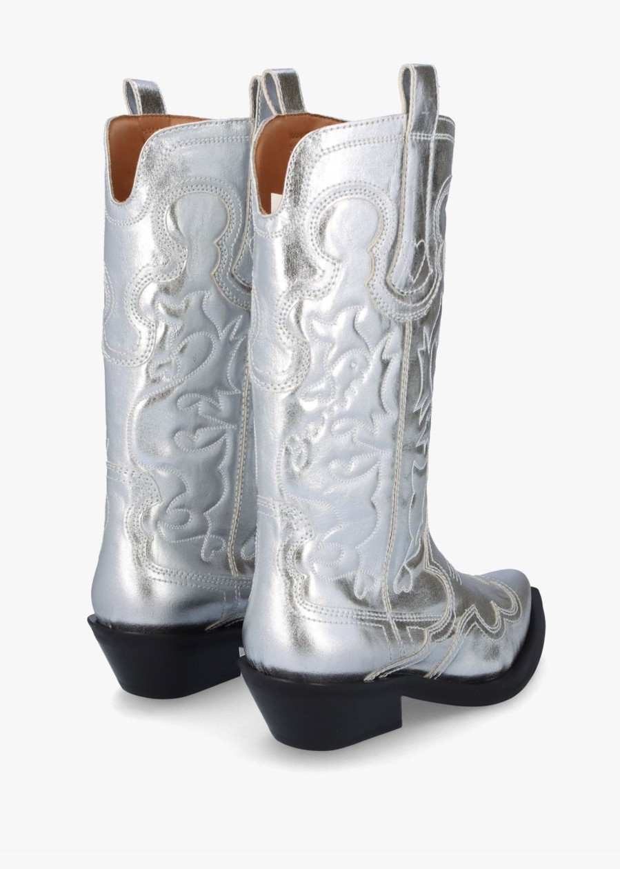 Womens GANNI Boots | Womens Mid Shaft Embroidered Western Boots In Silver