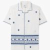 Mens WAX LONDON Shirts | Mens Didcot Daisy Embroidery Short Sleeve Shirt In Ecru Blue