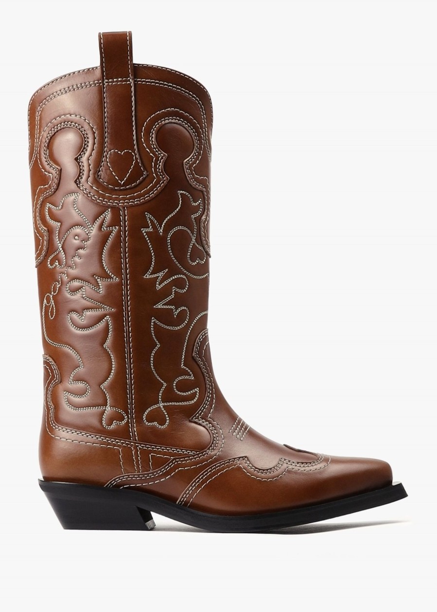 Womens GANNI Boots | Ganni Mid Shaft Embroidered Western Boot