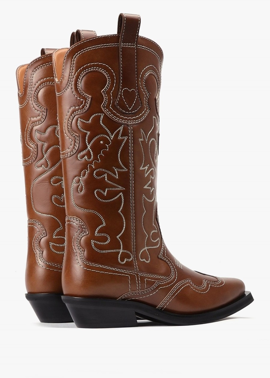 Womens GANNI Boots | Ganni Mid Shaft Embroidered Western Boot