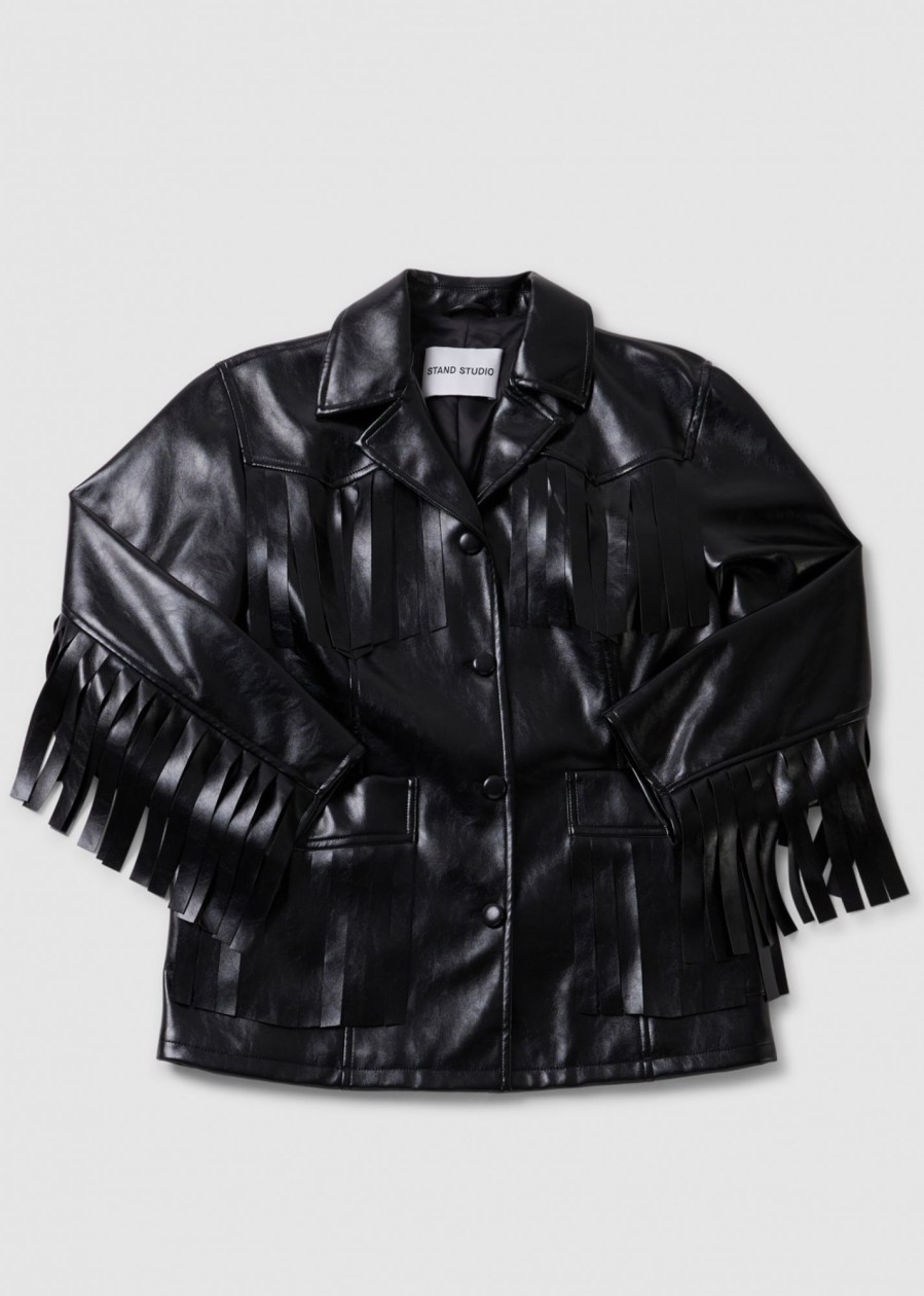 Womens STAND STUDIO Coats & Jackets | Womens Sienna Faux Leather Fringed Jacket In Black