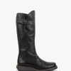 Womens FLY LONDON Boots | Womens Mol Pebbled Leather Low Wedge Knee Boots In Black