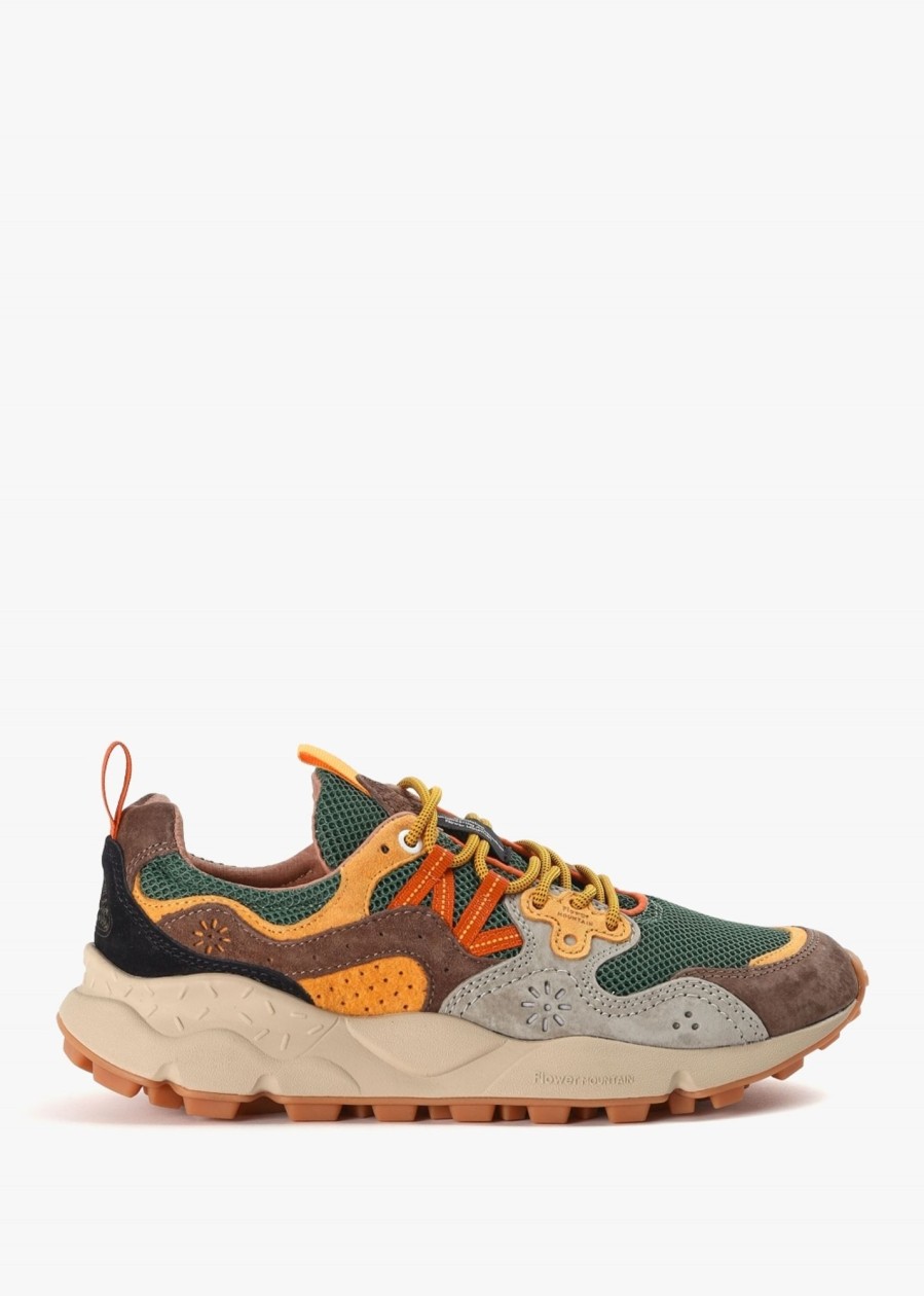 Mens FLOWER MOUNTAIN Trainers | Mens Yamano 3 Suede/Nylon Mesh Trainers In Taupe-Green-Ocra