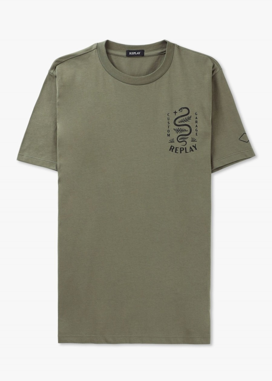 Mens REPLAY T-Shirts | Mens Boost Garage Snake Print T-Shirt In Light Military