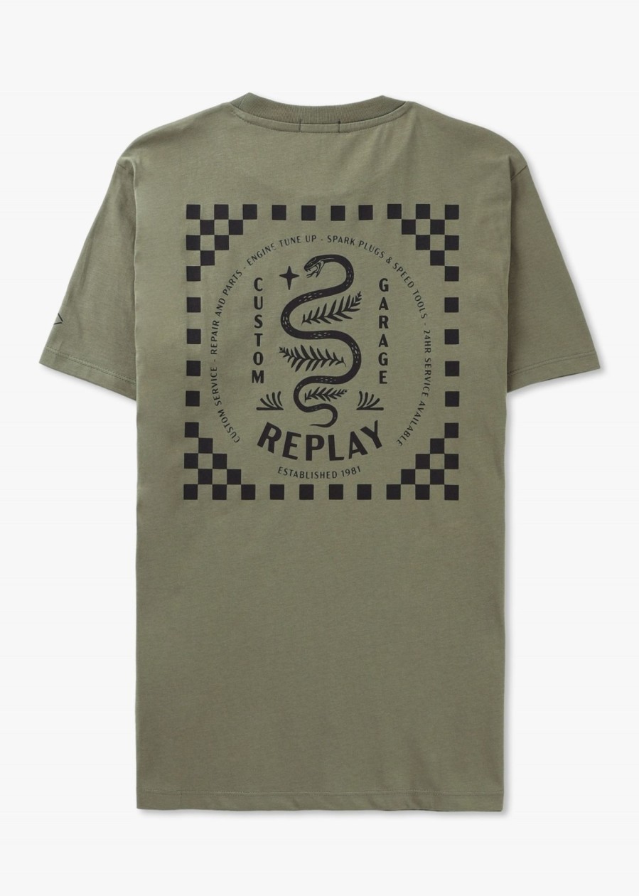 Mens REPLAY T-Shirts | Mens Boost Garage Snake Print T-Shirt In Light Military