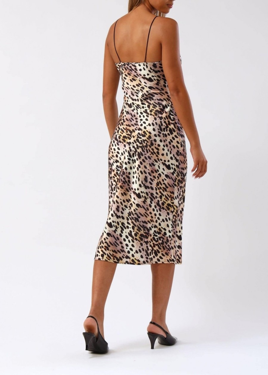 Womens GOOD AMERICAN Dresses | Womens Printed Satin Cowl Midi In Rose Cheetah