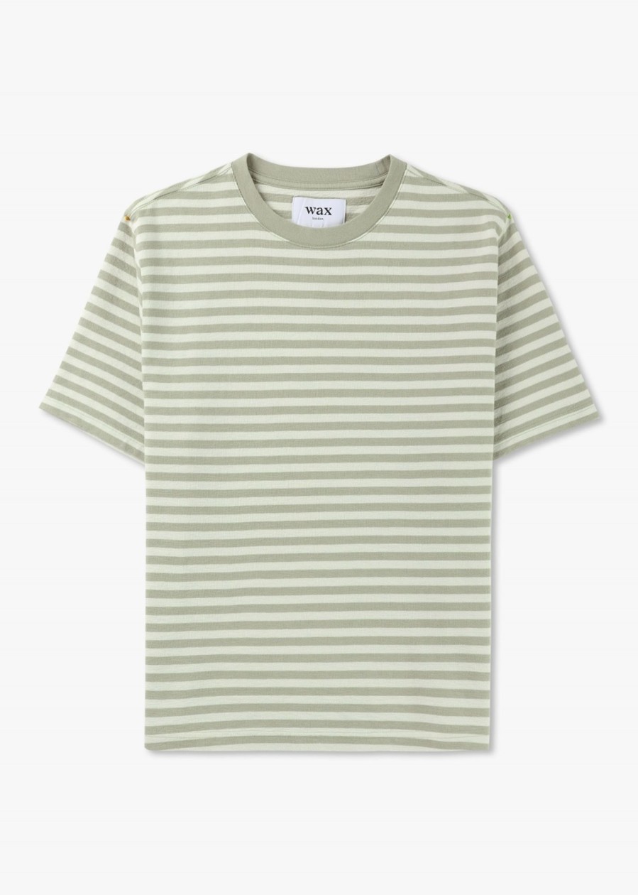 Mens WAX LONDON T-Shirts | Mens Dean Stripe T-Shirt In Sage Ecru