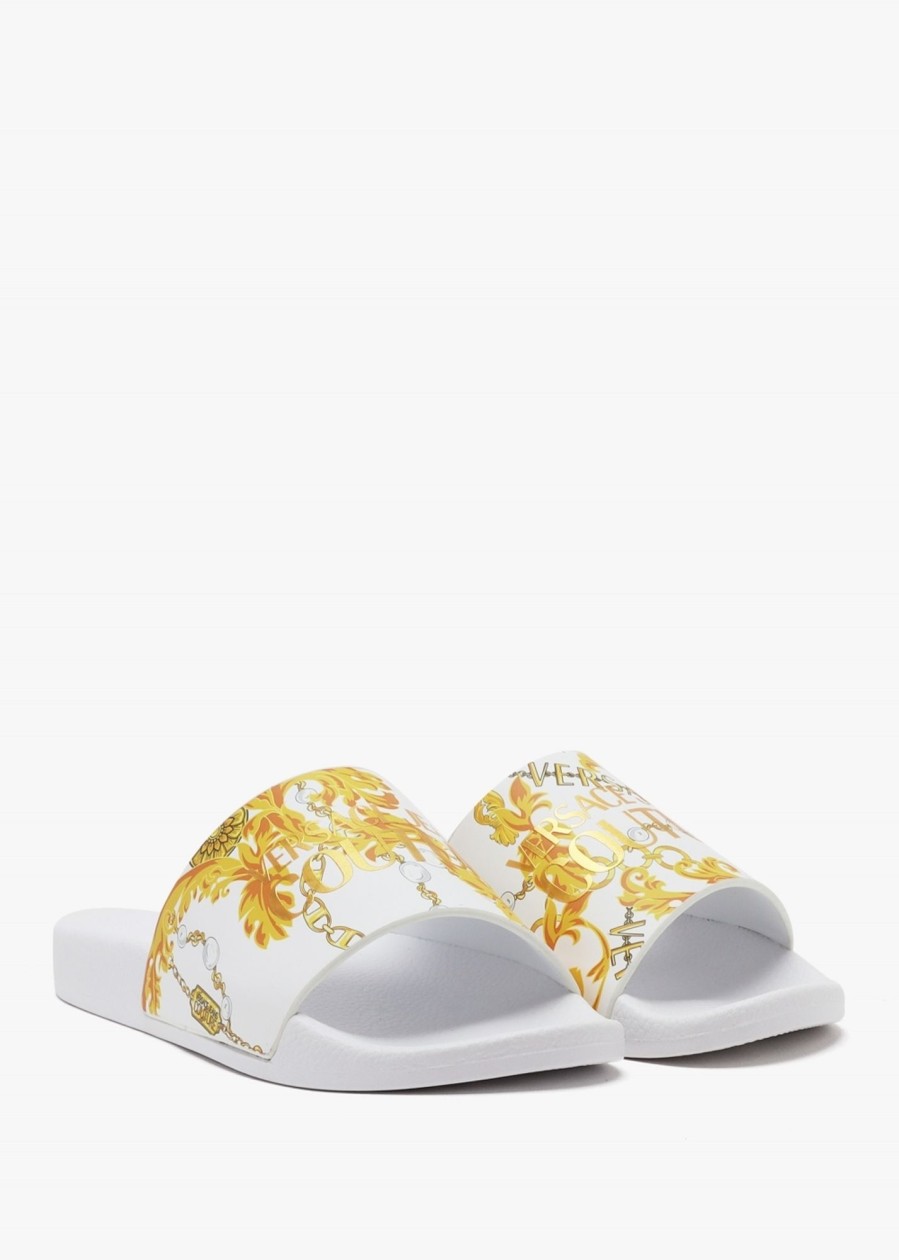 Womens VERSACE JEANS COUTURE Sandals | Womens Chain Print Fondo Shelley Couture Slides In White Gold