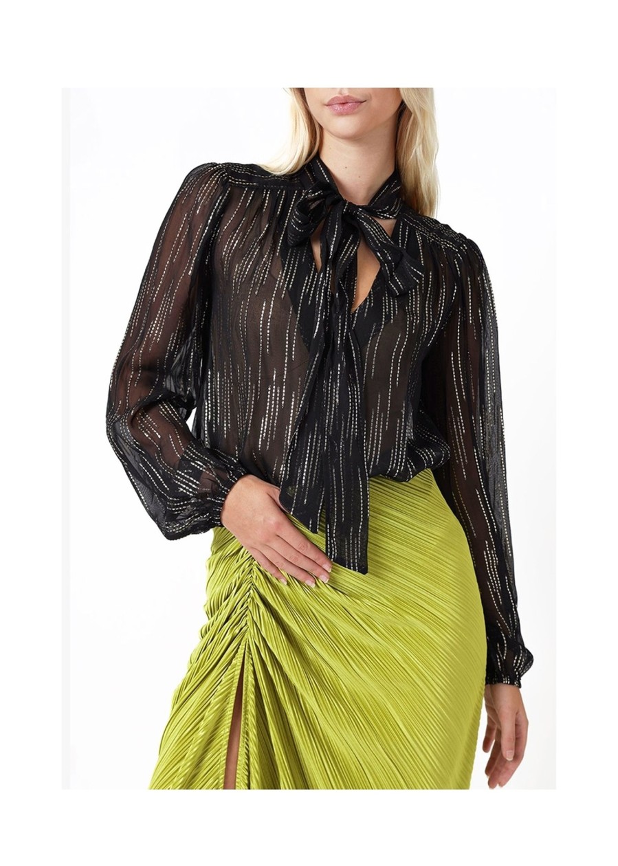 Womens RIXO Tops | Womens Moss Metallic Blouse With Necktie In Raindrop Jacquard Black