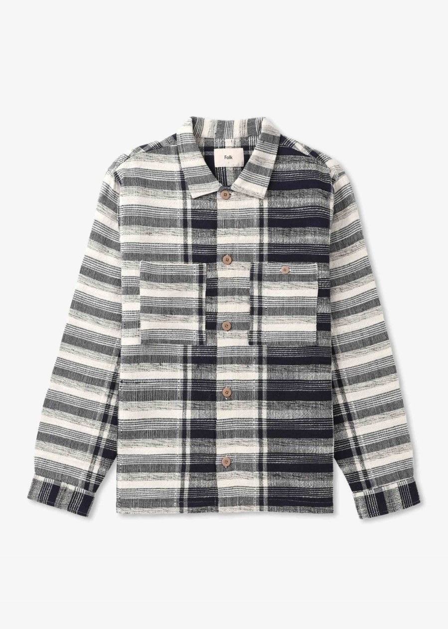 Mens FOLK Shirts | Mens Patch Overshirt In Navy Basket Weave Check