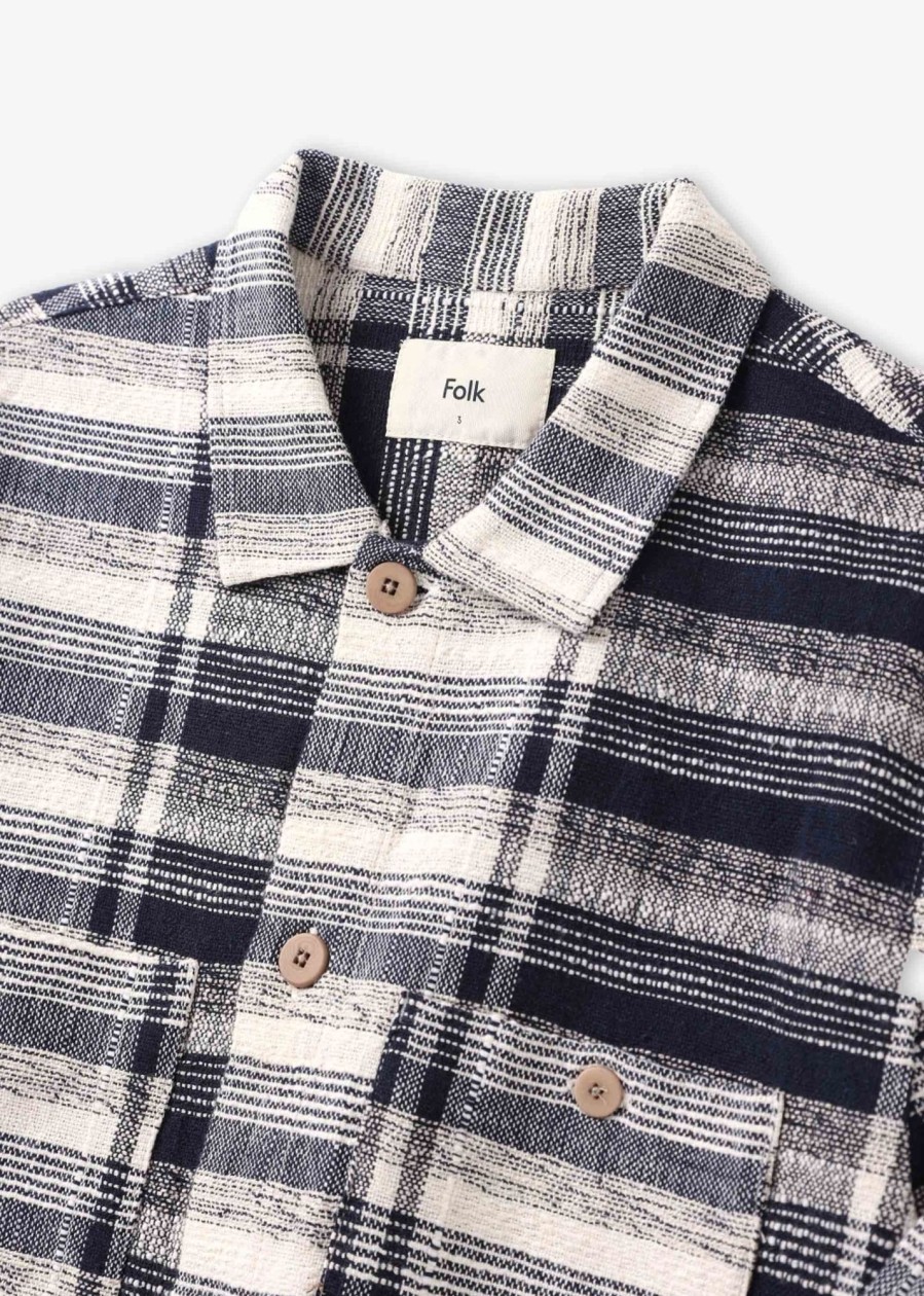 Mens FOLK Shirts | Mens Patch Overshirt In Navy Basket Weave Check