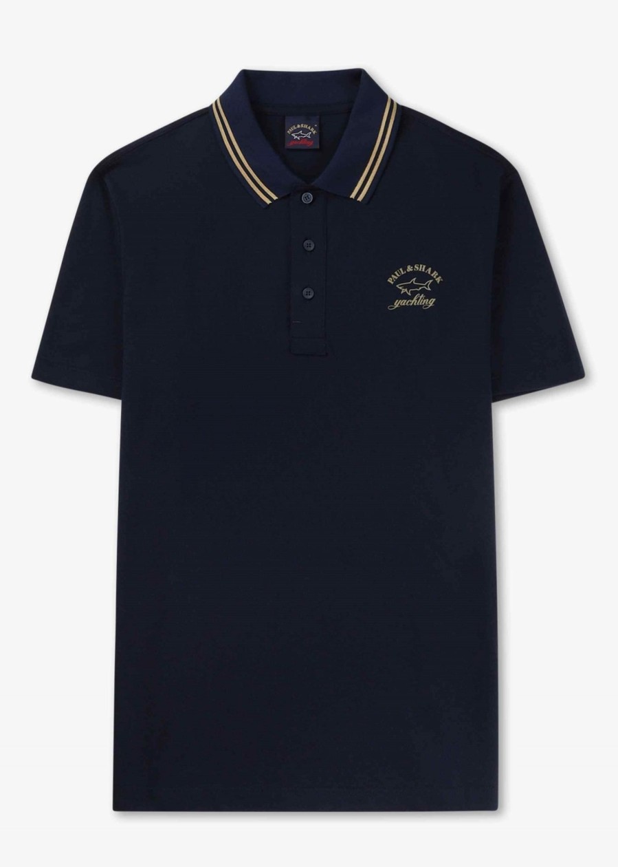 Mens PAUL & SHARK Polo Shirts | Mens Cotton Pique Polo Shirt With Reflective Print In Navy