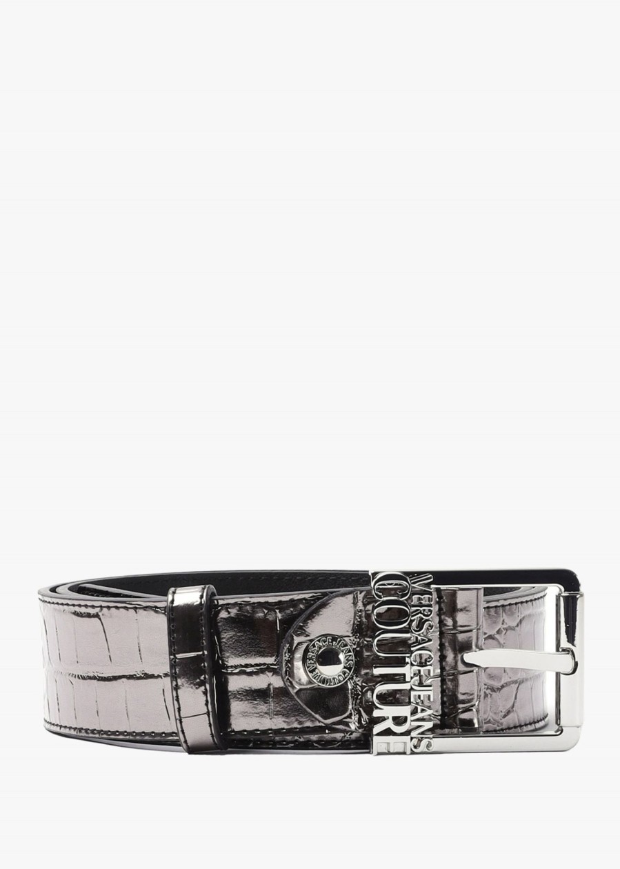 Womens VERSACE JEANS COUTURE Belts | Womens Metallic Faux Croc Belt In Gun Metal