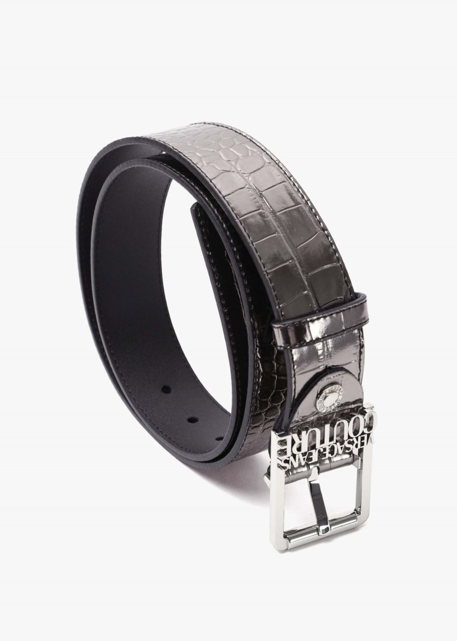 Womens VERSACE JEANS COUTURE Belts | Womens Metallic Faux Croc Belt In Gun Metal